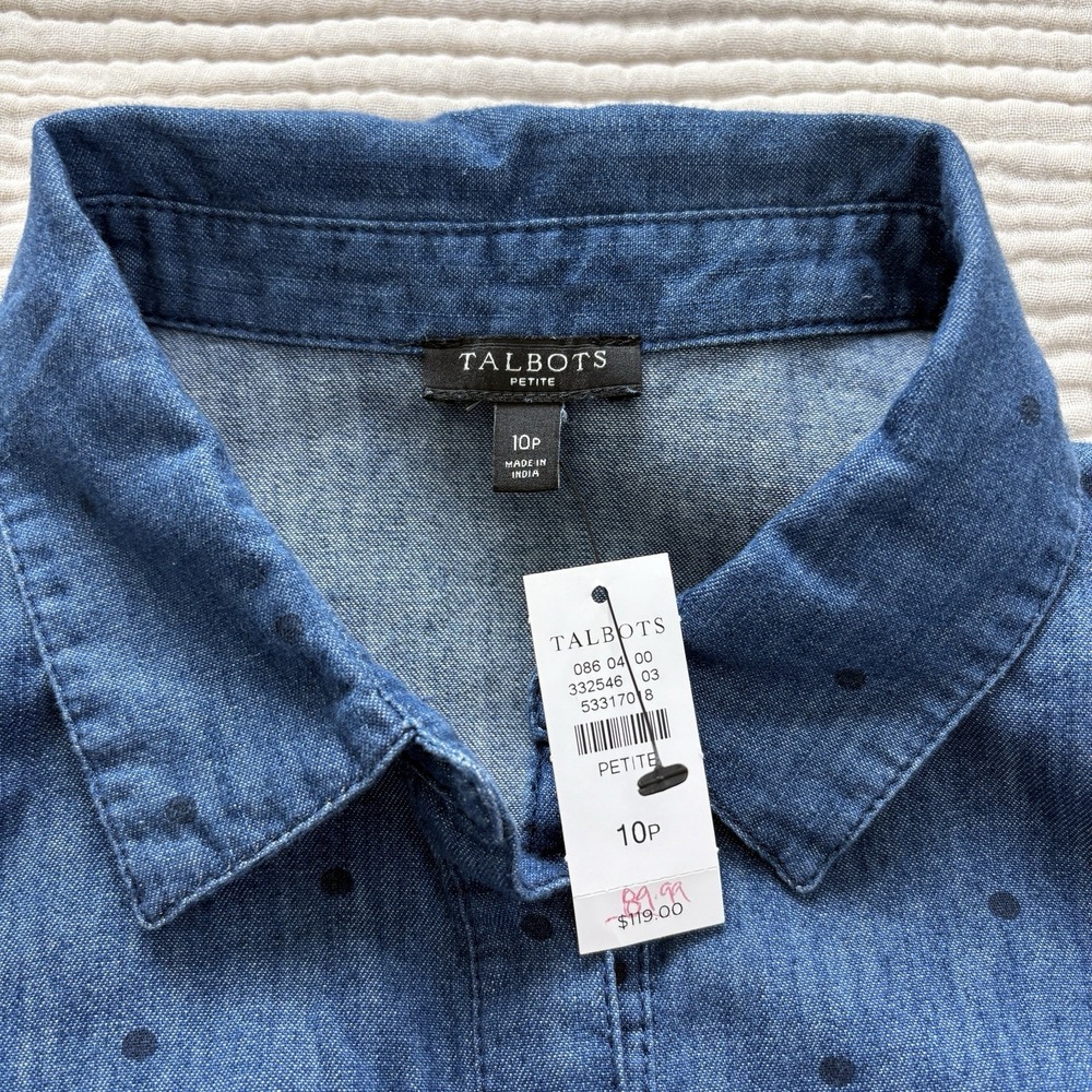 Talbots Denim Polka Dot Belted shirt dress Chambray button front midi blue‎ 10 P - Picture 2 of 10